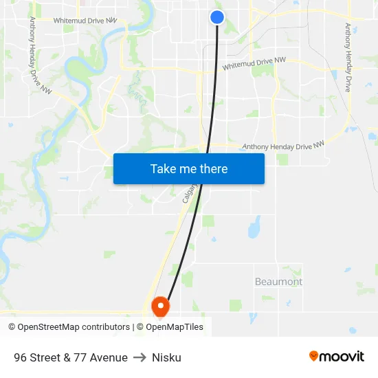 96 Street & 77 Avenue to Nisku map