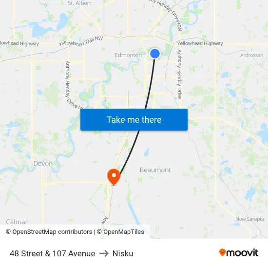 48 Street & 107 Avenue to Nisku map