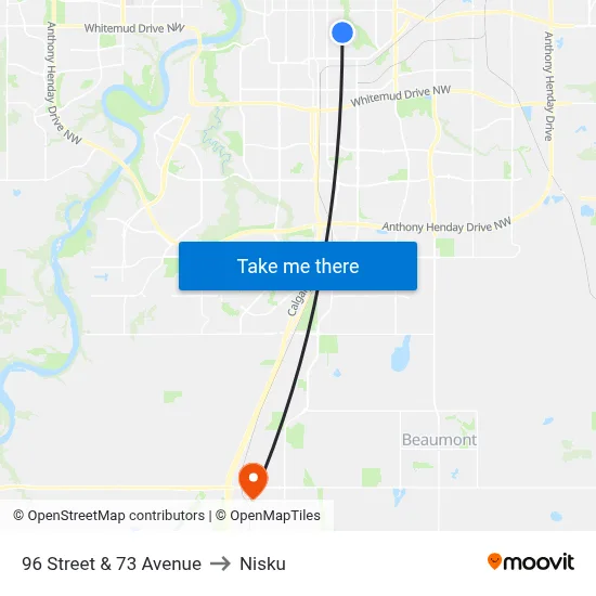 96 Street & 73 Avenue to Nisku map