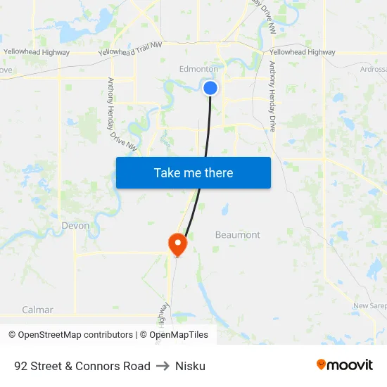 92 Street & Connors Road to Nisku map