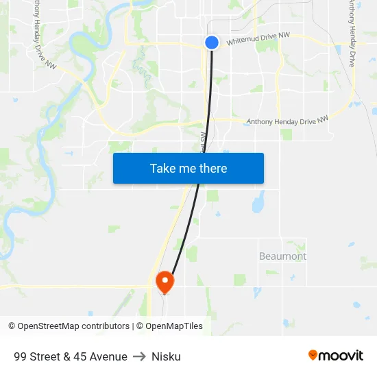 99 Street & 45 Avenue to Nisku map