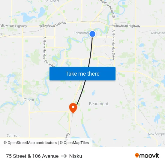 75 Street & 106 Avenue to Nisku map