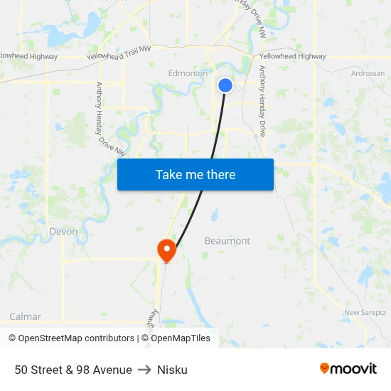 50 Street & 98 Avenue to Nisku map