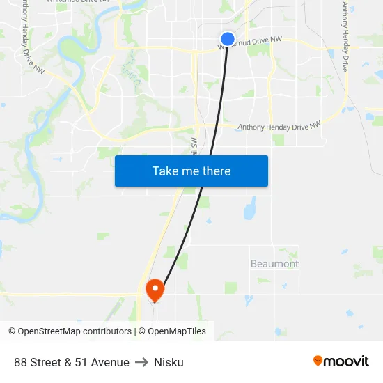 88 Street & 51 Avenue to Nisku map