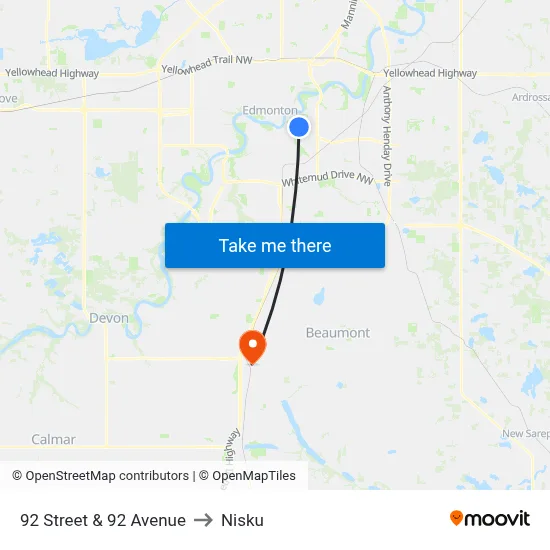 92 Street & 92 Avenue to Nisku map