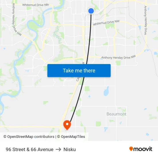 96 Street & 66 Avenue to Nisku map