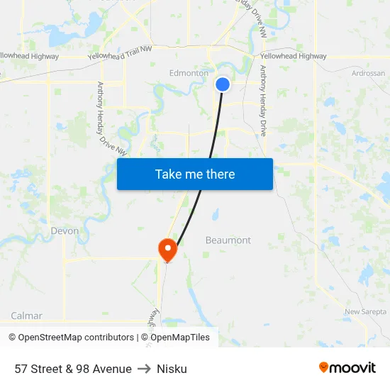 57 Street & 98 Avenue to Nisku map