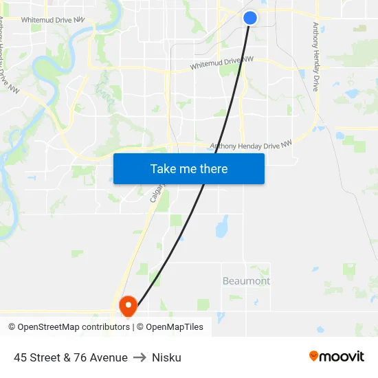 45 Street & 76 Avenue to Nisku map
