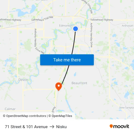 71 Street & 101 Avenue to Nisku map