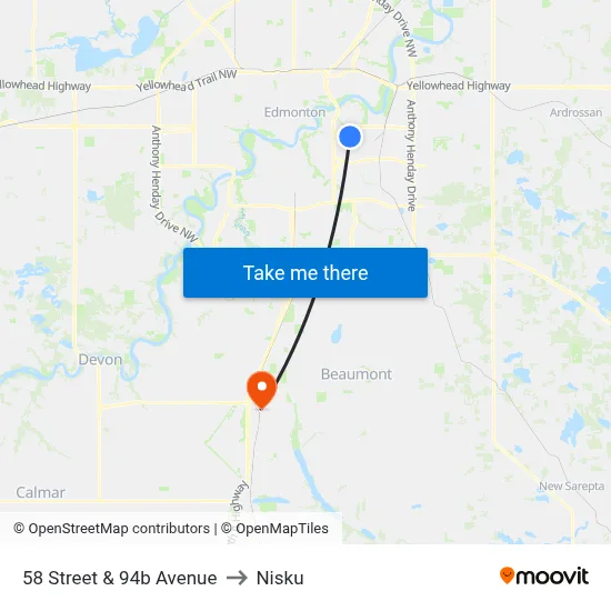 58 Street & 94b Avenue to Nisku map