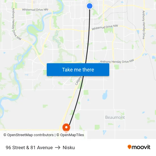 96 Street & 81 Avenue to Nisku map