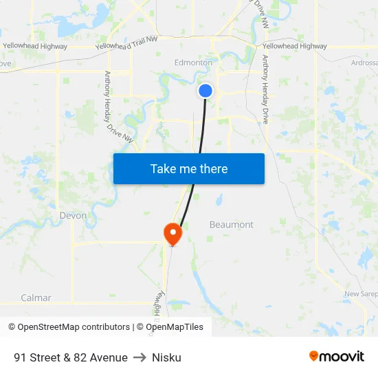 91 Street & 82 Avenue to Nisku map