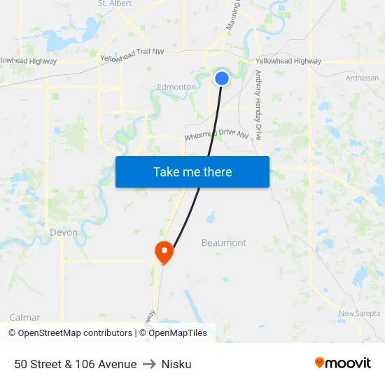 50 Street & 106 Avenue to Nisku map