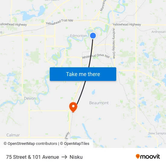 75 Street & 101 Avenue to Nisku map