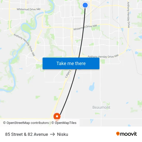85 Street & 82 Avenue to Nisku map