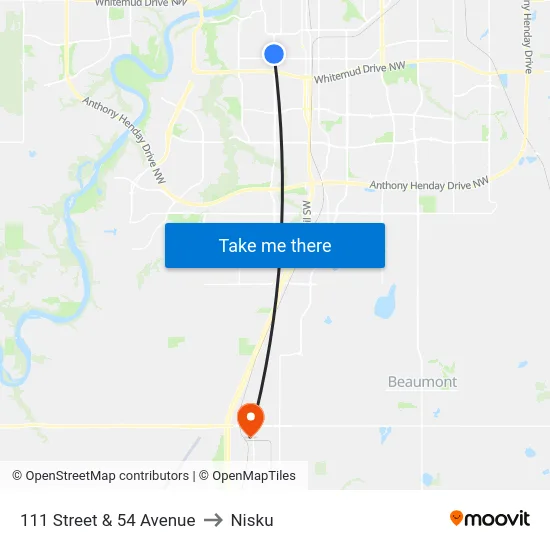 111 Street & 54 Avenue to Nisku map