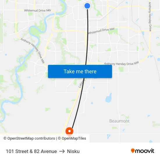 101 Street & 82 Avenue to Nisku map