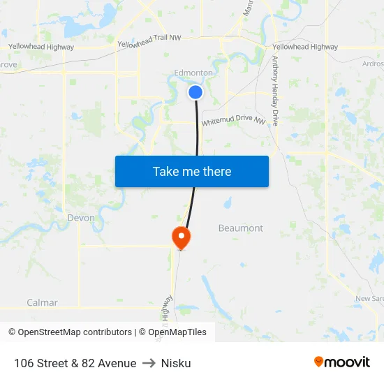 106 Street & 82 Avenue to Nisku map