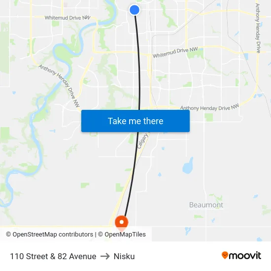 110 Street & 82 Avenue to Nisku map