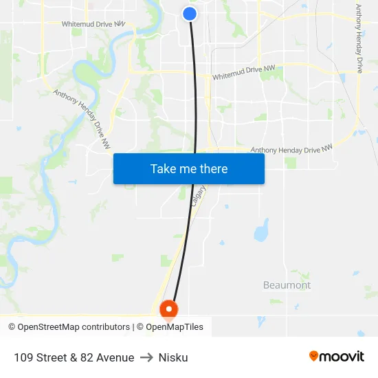 109 Street & 82 Avenue to Nisku map