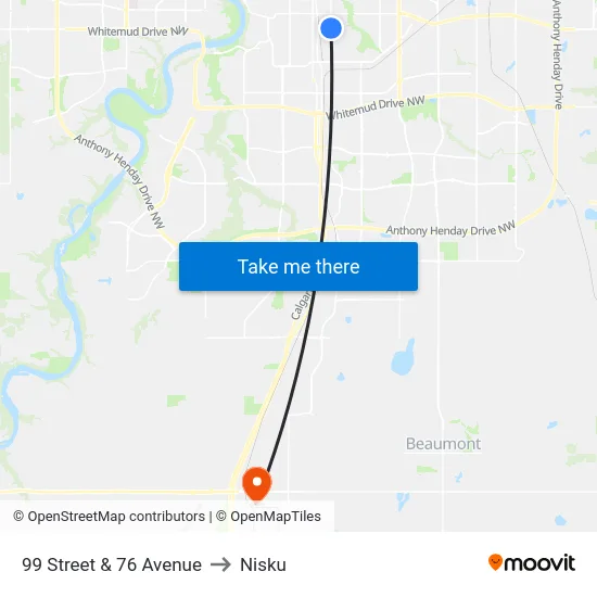 99 Street & 76 Avenue to Nisku map