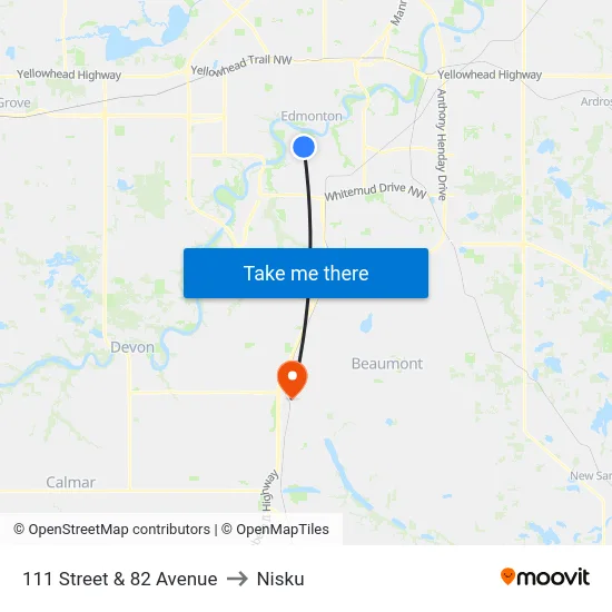 111 Street & 82 Avenue to Nisku map