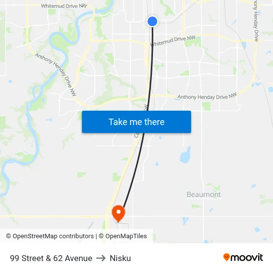 99 Street & 62 Avenue to Nisku map