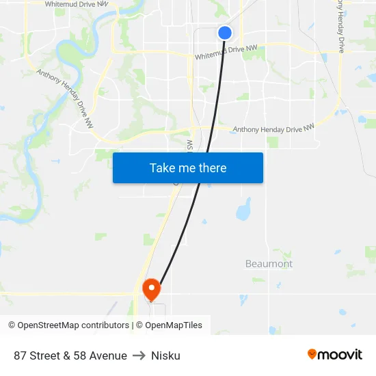 87 Street & 58 Avenue to Nisku map