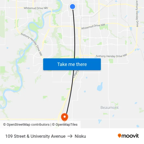 109 Street & University Avenue to Nisku map