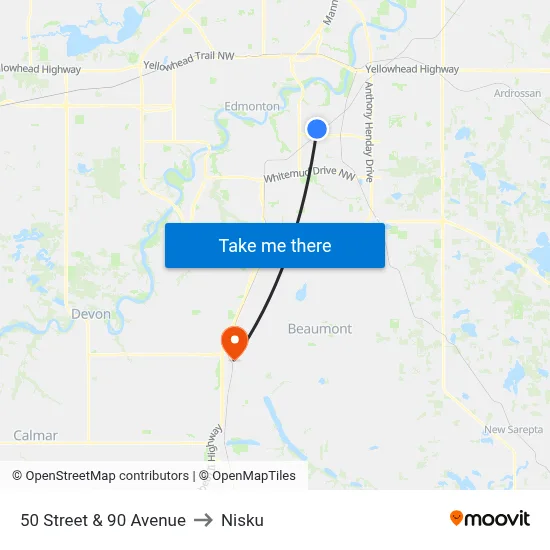 50 Street & 90 Avenue to Nisku map