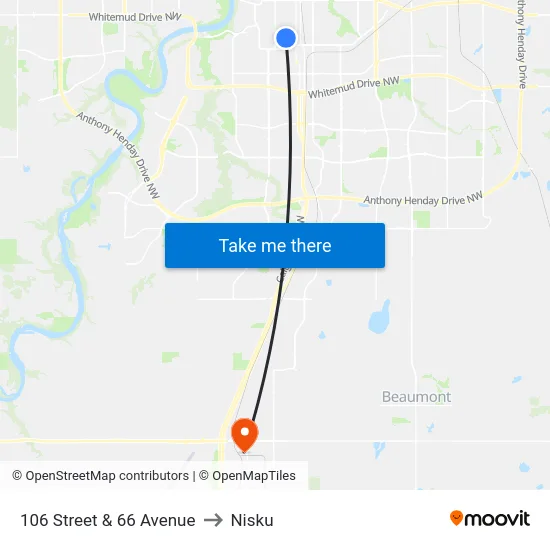106 Street & 66 Avenue to Nisku map