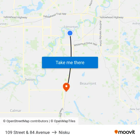 109 Street & 84 Avenue to Nisku map