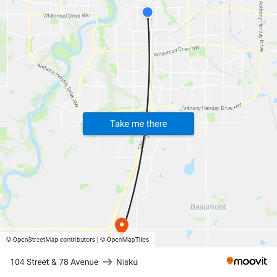 104 Street & 78 Avenue to Nisku map