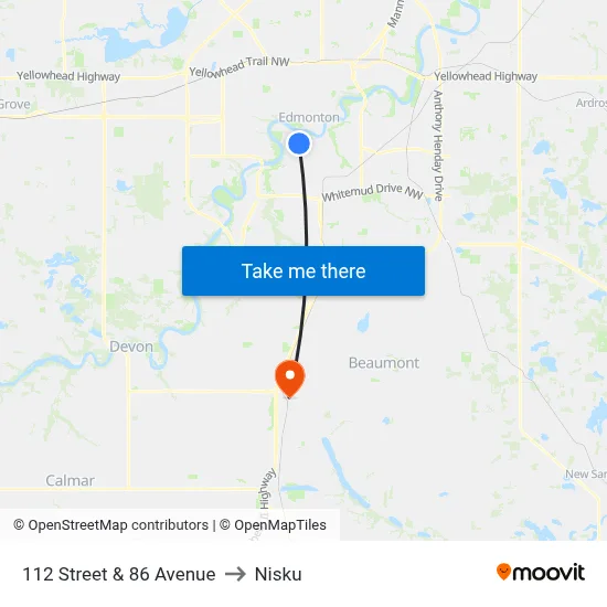 112 Street & 86 Avenue to Nisku map