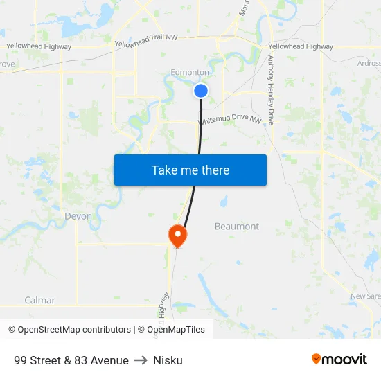 99 Street & 83 Avenue to Nisku map