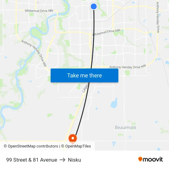 99 Street & 81 Avenue to Nisku map