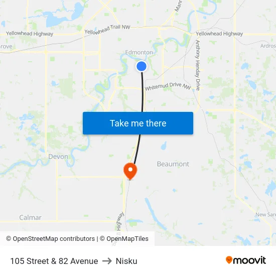 105 Street & 82 Avenue to Nisku map