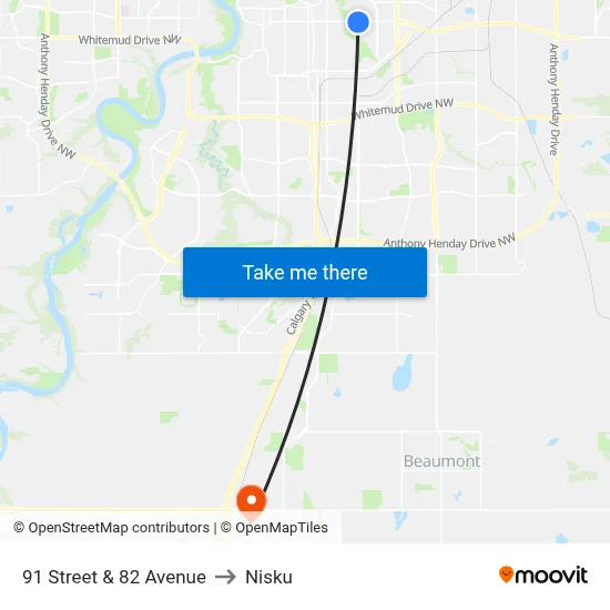 91 Street & 82 Avenue to Nisku map