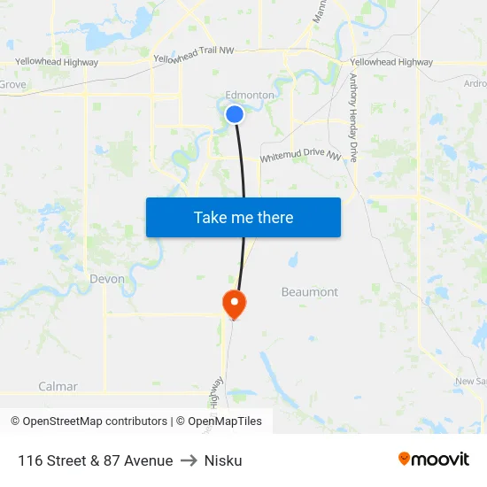 116 Street & 87 Avenue to Nisku map