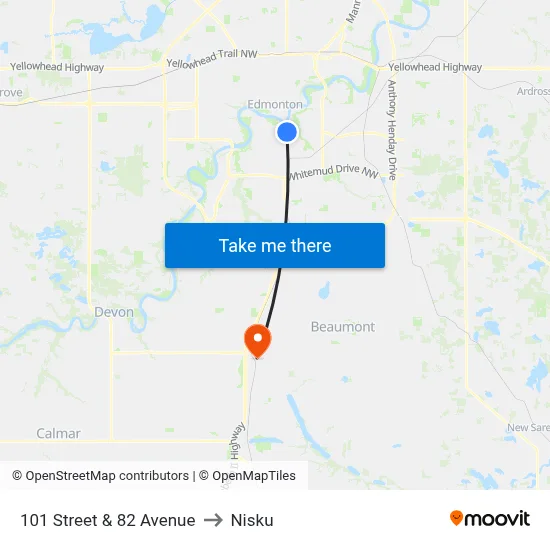 101 Street & 82 Avenue to Nisku map