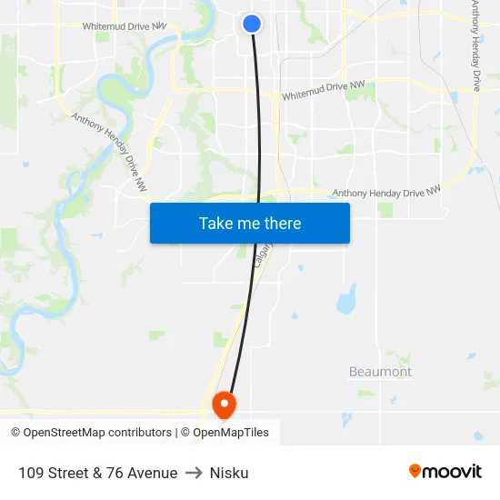 109 Street & 76 Avenue to Nisku map