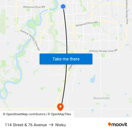 114 Street & 76 Avenue to Nisku map