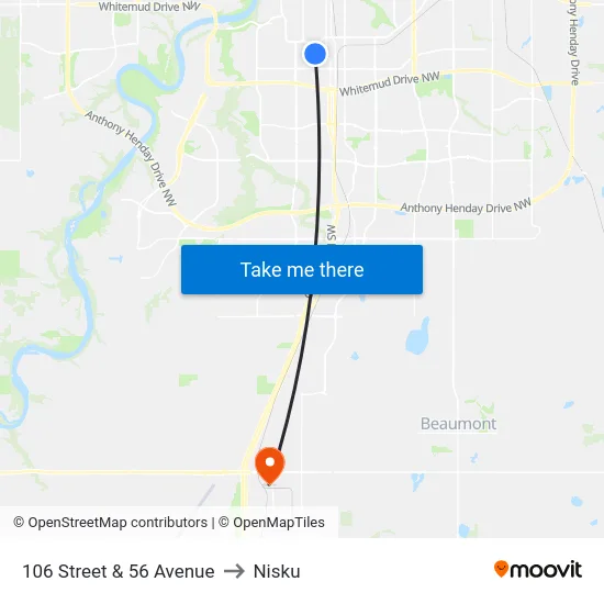 106 Street & 56 Avenue to Nisku map
