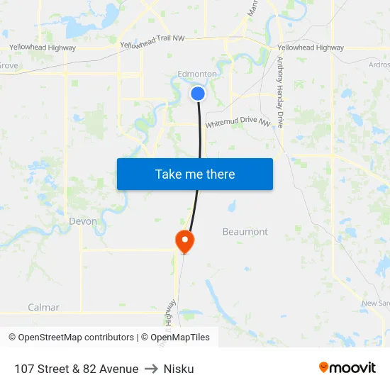 107 Street & 82 Avenue to Nisku map