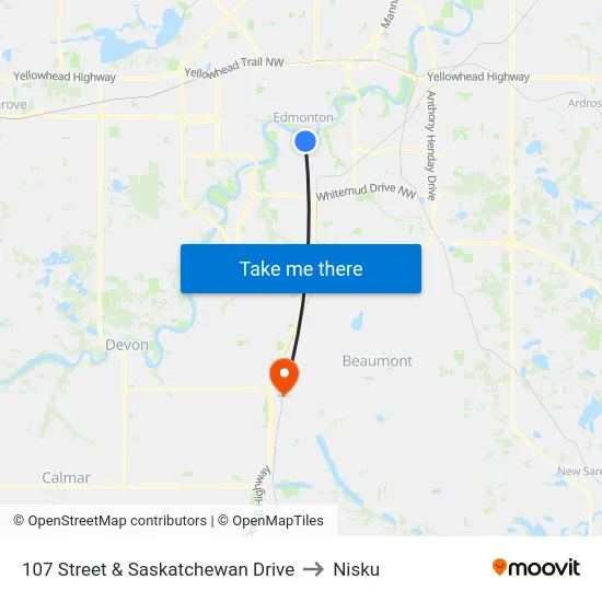 107 Street & Saskatchewan Drive to Nisku map