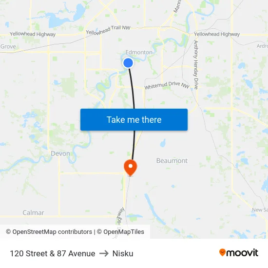 120 Street & 87 Avenue to Nisku map
