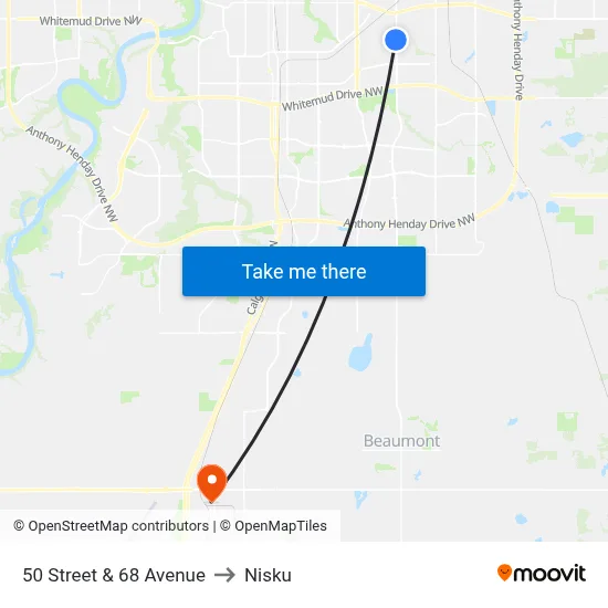 50 Street & 68 Avenue to Nisku map