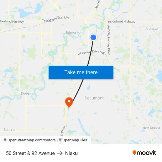 50 Street & 92 Avenue to Nisku map