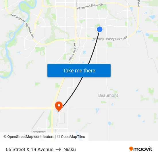 66 Street & 19 Avenue to Nisku map