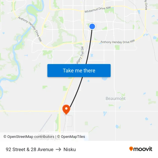 92 Street & 28 Avenue to Nisku map